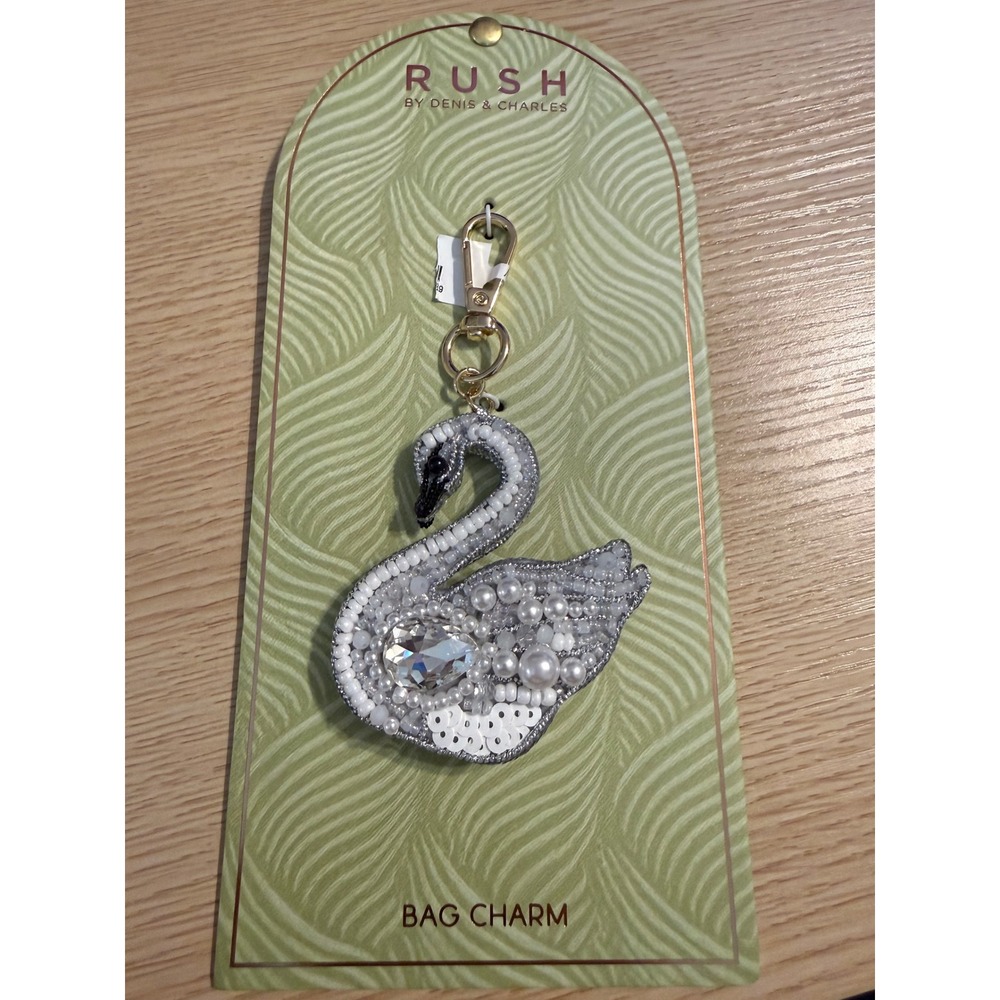 Rush by Denis & Charles Beaded Swan Bag Charm White Silver Pearl Crystal NWT